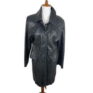 Brandon‎ Thomas Black Leather Long Jacket Coat Womens Size L Button Front Collar